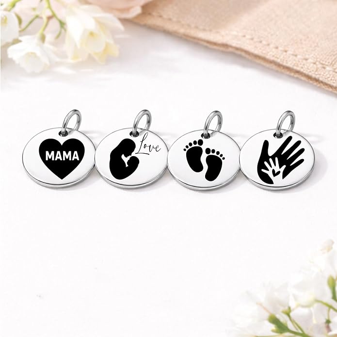 SM Design Pregnancy & New Baby Charm Set – Set of 4 Meaningful Stainless Steel Charms – Great for Crafting, Making Bracelets and Necklaces - Meaningful Keepsake Charms for Expecting & New Moms