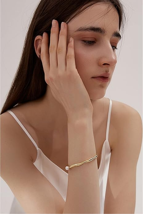 PERNNLA PEARL Dainty Gold Bar Bracelet for Women Simple Delicate Thin Cuff Bangle Hook Bracelet 18K Gold Plated Handmade Minimalist Jewelry