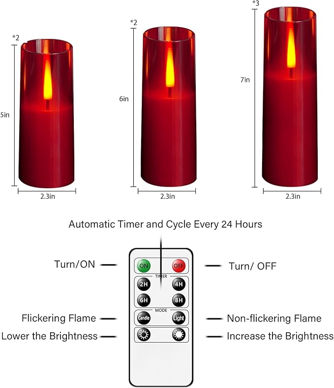 Flickering Flameless LED Candles 7Pcs, Realistic Dancing Flame with Remote & Timer, Acrylic Electric Pillar Candles for Festivals Decor (Red)