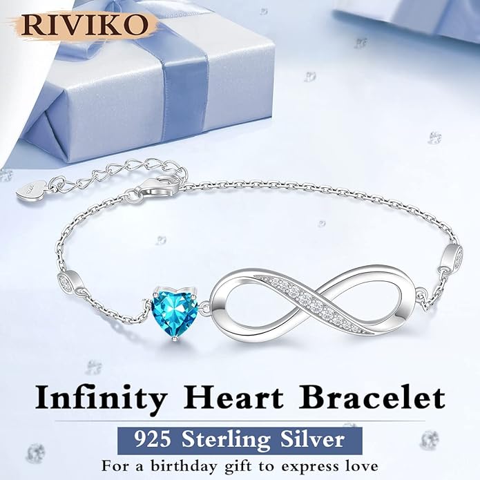 RIVIKO Infinity Love Heart Symbol Charm Bracelet for Women 925 Sterling Silver Adjustable Birthday Valentine’s Day Christmas Mothers Day Jewelry Gift for Mom Women Wife Her Friends