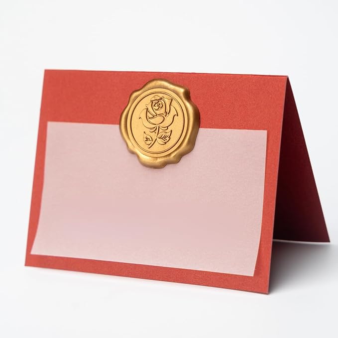 25 Pack Name Cards for Table Setting, Place Cards with Antique Gold Rose Wax Seal Sticker for Wedding, Table Tent Card Stock Handmade Decor for Party, Dinner, Home (Pearlized Wine Red)