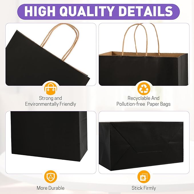 XPCARE Black Paper Bags, 200 Packs 10x5x13 Inch Gift Bags with Handles Bulk Paper Bags with Handles Retail Kraft Paper Bag Black Gift Bag for Wedding Party Shopping