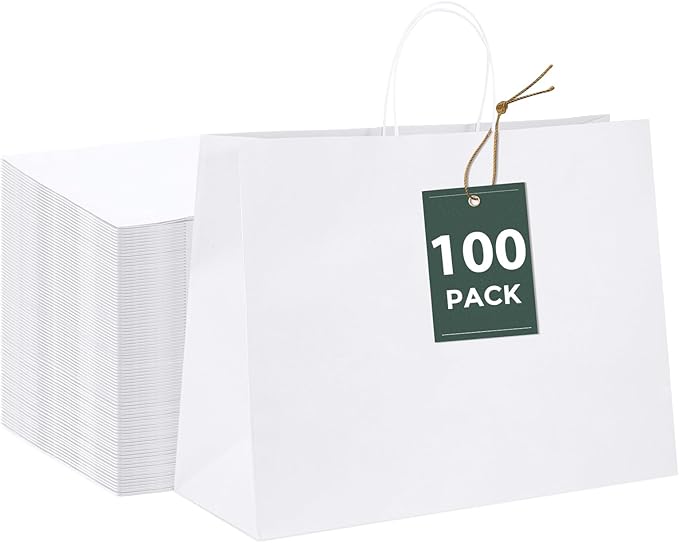 GSSUSA 16x6x12 100Pcs White Gift Bags with Handles,Paper Gift Bags?White Large Paper Bag with Handles, 100% Recyclable Shopping Kraft Paper Bags for Small Business, Party Favor