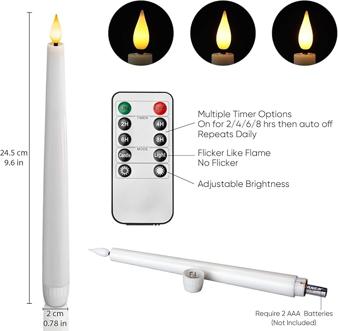 Homemory 2 Pcs Waxy Flameless Taper Candles with Remote, Led Flameless Candlesticks Classic Tall Candle, Flickering Battery Operated Taper Candles for Bedroom, Dining Room, White, 9.6 inches