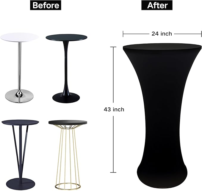 2PCS 24x43 Inch Round Fitted Cocktail Table Cover Black Spandex Cocktail Table Cloth Highboy Fitted Tablecloth High Top Table Cloths for Party Pub Banquet Bistro