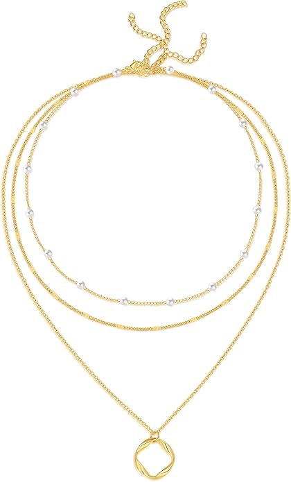 Evabelle Gold Layered Necklace for Women Trendy Jewelry 14K Real Gold Plated Chunky Chain Stackable Necklaces Dainty Choker Necklaces Rectangle Square Pendant