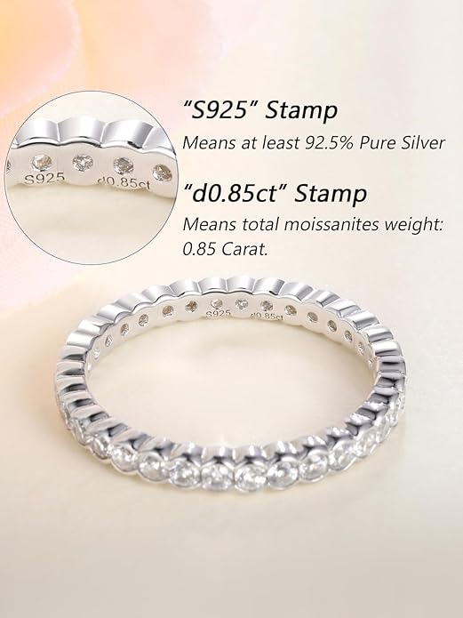 D Color VVS1 Clarity Moissanite Hand Setting Eternity Rings for Women, Solid 925 Sterling Silver Rhodium Finish, Stackable Ring, Wedding Birthday Valentines Anniversary Mothers Day Ideal Gift for Her