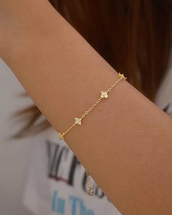 JSJOY Birthstone Bracelets for Women, 14K Gold Bracelets for Women Mom Gifts Birthday Valentines Day Gifts for Gf Dainty Flower Gift for Her Birthstone Bracelet Mothers Day Gift