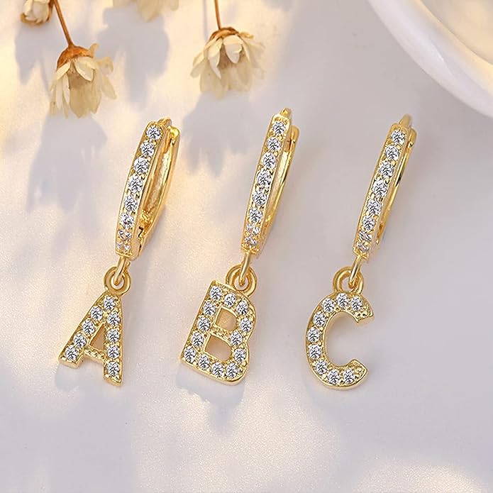 14K Gold Dangle Drop Initial Earrings for Women Dainty CZ Huggie Hoop Name Letter Earrings S925 Sterling Silver Post with Cubic Zirconia Hypoallergenic Gifts Jewelry