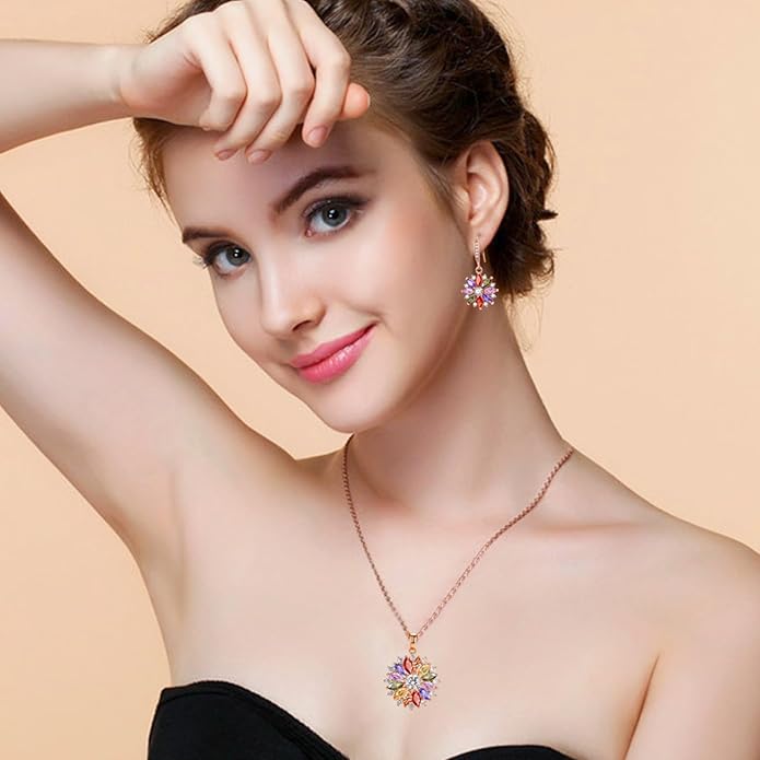 VONSSY Colorful Snowflake Pendant Necklace Earrings Rose Gold 5A Cubic Zirconia | Crystal Sweater Chain | Multi Gemstone Garnet Amethyst Morganite Peridot Prom Rhinestone Necklaces for Women Vintage Stylish Gift