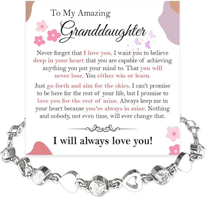 To My Granddaughter Bracelet from Grandma and Grandpa, Heart Chain Bracelet with Shiny Stones, Perfect Birthday or Graduation Christmas Gift for Granddaughter with Message Card and Gift Box