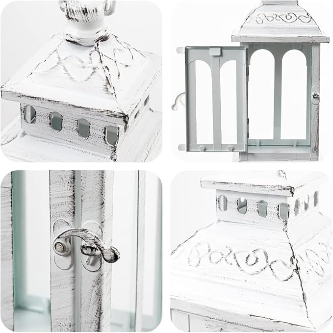 DECORKEY Lanterns Decorative Indoor & Outdoor, Medium Hanging Home Decor, Vintage Metal Decorative Candle Lanterns for Outdoor Patio Wedding Party White with Black Brush