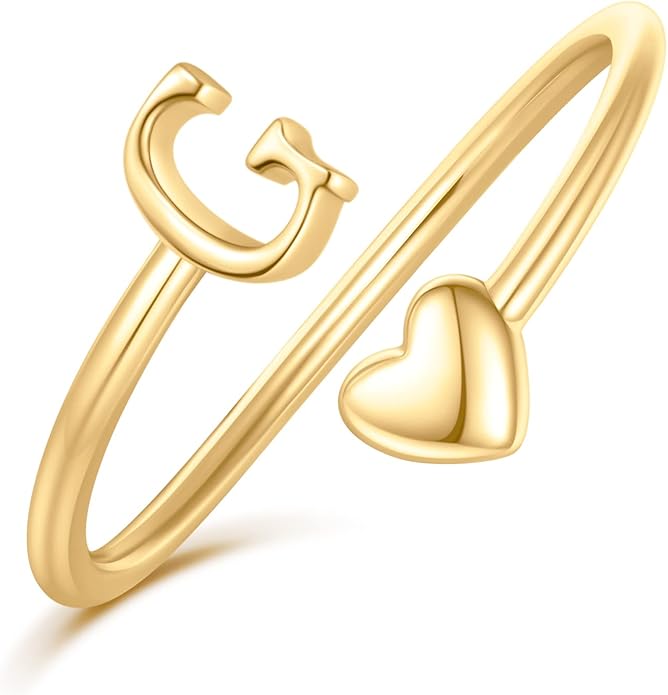 Initial Rings for Women Girls - Valentines Day Gifts for Her, Adjustable Rings for Women Non Tarnish Letter A-Z Dainty Heart Ring Teen Girls Gifts Trendy Stuff Personalized Jewelry Gift