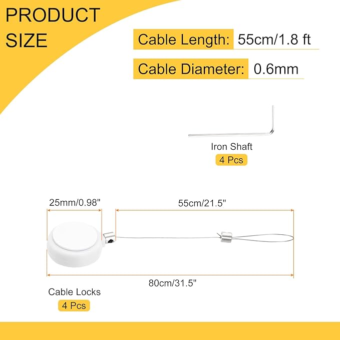 MECCANIXITY 1.8 ft Retractable Cable Lock with Latch Remote Control Security Lock with Adjustable Cord Tether Anti Theft for Laptop, TV, 200g, White, 4 Pack