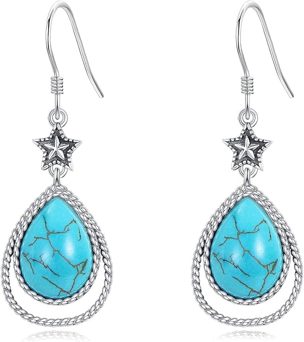 Boho Style Genuine Turquoise Earrings for Women 925 Sterling Silver Star Teardrop Gemstone Southwest Native Amerian Earring Jewelry for Her