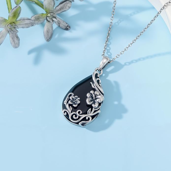 Black Onyx Necklace 925 Sterling Silver Flower Insect Pendant Teardrop Onyx Jewelry Valentines Day Birthday Gifts for Women