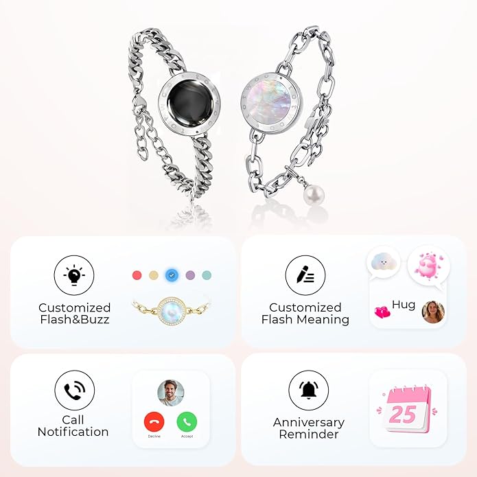 TOTWOO Long Distance Touch Bracelets for Couples, Smart Light & Vibration Love Jewelry, Long Distance Valentines Day Gifts for Him Her Women Men, One-to-One Bluetooth Pairing via App