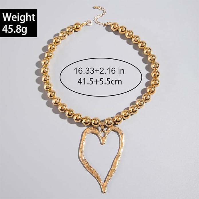 Unique Big Chunky Gold Heart Beads Necklace for Women, Charm Large Thick Hollow Love Heart Pendant Beaded Chain Choker Necklaces Party Y2K Jewelry Gift