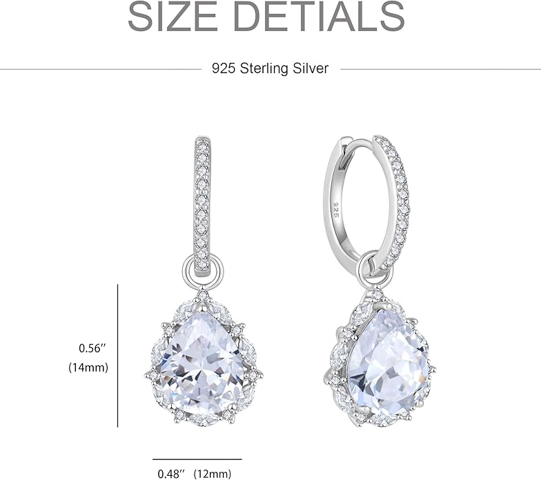 Women 925 Sterling Silver Birthstone Teardrop Huggie 14mm Hoop Drop Dangle Earrings 5A Cubic Zirconia Jewelry