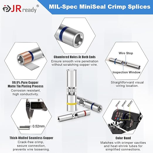 JRready M81824/1 Series Waterproof Heat-Shrinkable Splice Kit 100 Sets 20-16AWG Environmental Butt Splice with PVDF Tubes with ACT-232 Crimp Tool G411 Go-No Go Gauge ST6488-16-100