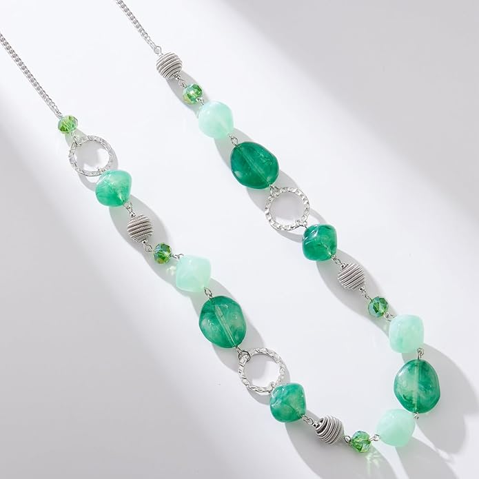 BULINLIN Beaded Long Necklace for Women Silver Sweater Chain Necklace with Crystal Resin Beads, Fashion Jewelry Necklace