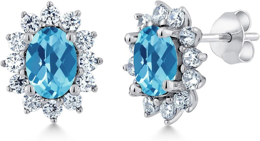 Gem Stone King 7X5MM Oval Gemstone Birthstone Stud Earrings For Women | Princess Diana Royal Halo Style | 925 Sterling Silver | Fine Jewelry Gifts for Anniversary Wedding Her Mom Women Wife