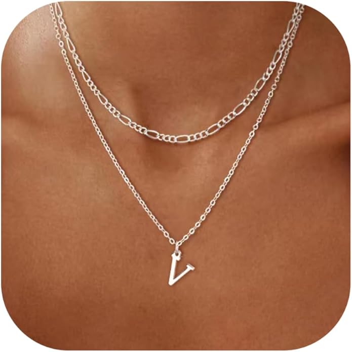 Initial Necklaces for Women Dainty Gold Silver Layered Letter Pendant Necklace Cute Figaro Chain Choker Necklace Personalized Trendy Stuff Jewelry Stack Gift for Women Her