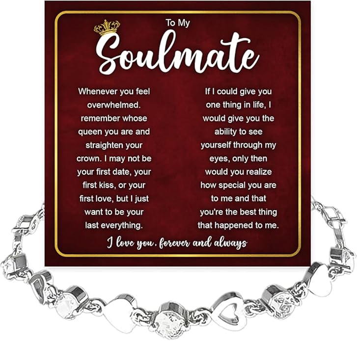 To My Soulmate Bracelet for Women, Heart Chain Bracelet with Shiny Stones, Perfect Birthday or Anniversary Christmas Gift for Soulmate with Message Card and Gift Box