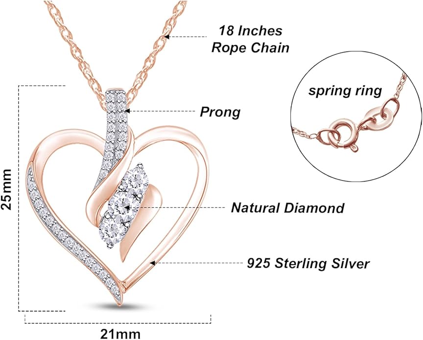 3 Stone Heart Pendant Necklace for Women in 14K Gold Over 925 Sterling Silver, Natural Diamond, Moissanite or Lab-Grown Diamond (0.25 Ct), Dainty Jewelry Gift with 18" Chain for Her Valentine’s Day