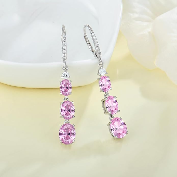 Women 925 Sterling Silver Birthstone 3-stone Leverback Drop Dangle Earrings 5A Cubic Zirconia Jewelry for Her