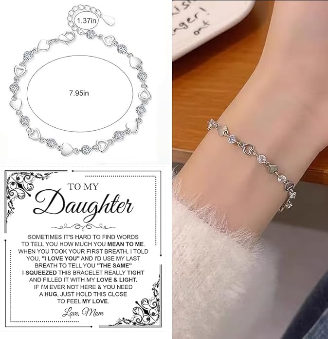 To My Daughter Bracelet, Silver Heart Chain Bracelet with Shiny Stones, Perfect Birthday or Graduation Christmas Gift for Daughter with Message Card Gift Box