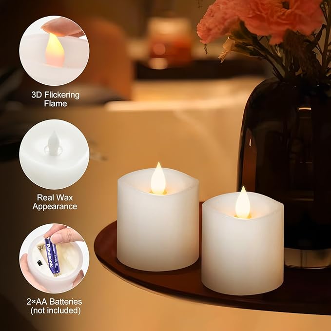 3x3 Flameless Candles Battery Operated with Remote Timer, Last 600 Hours Battery Candles Flickering, White Real Wax Electric LED Candle for Wedding Party, Set of 2