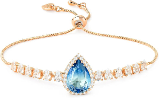 Linawe Crystal Imitation Diamond Rhinestone Charm Bracelets for Women, Gold/Silver/Rose Gold Adjustable Chain Bracelet, Teardrop Birthstone Cubic Zirconia Prom Costume Wedding Jewelry