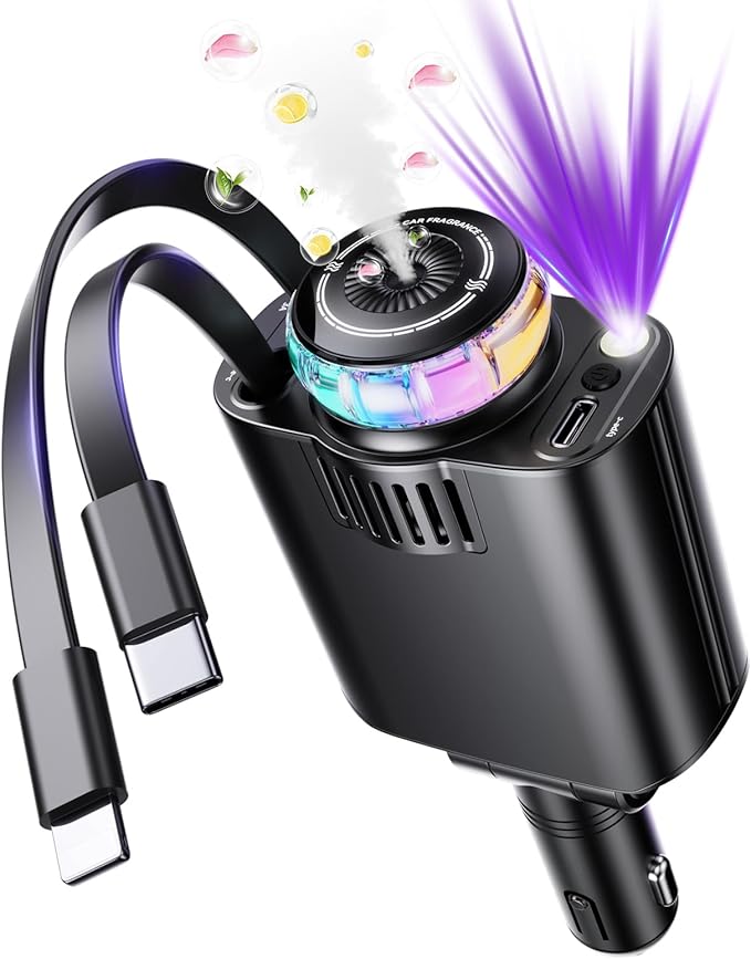Retractable Car Charger with Aromatherapy and Starlight, 5 in 1 USB C Car Charger Adapter, 69W Fast Charging Cars Phone Chargers, Cars Air Freshener Compatible with iPhone 16 15 14 13 12 and Android