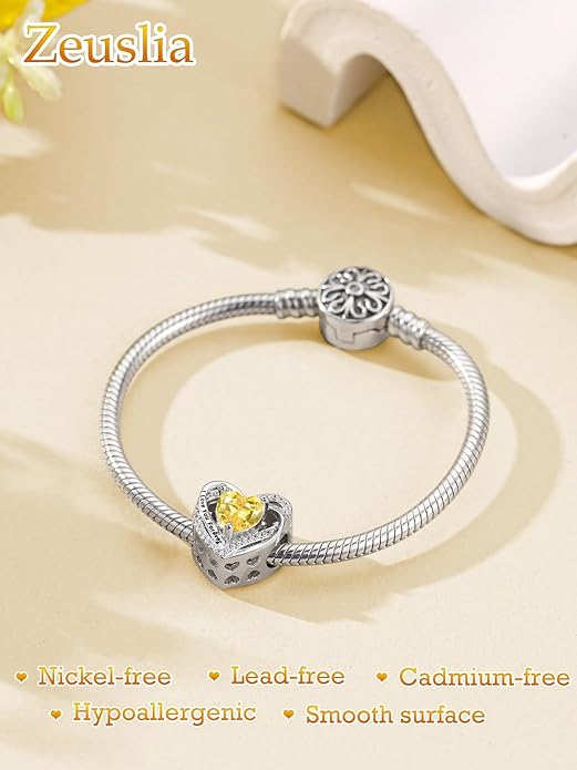 Heart Birthstone Charms for Bracelets, 925 Sterling Silver Women Bead Charms for Charm Bracelets Necklace, Mother's Day Birthday Anniversary Jewelry Gifts for Wife Mom Grandma Daughter