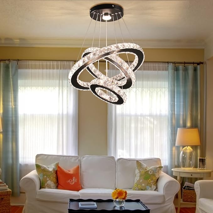 Dimmable Black Modern LED Crystal Chandeliers 3 Rings Pendant Light Adjustable Height Ceiling Lamp for Dinning Room Bedroom Living Room (Dimmable)