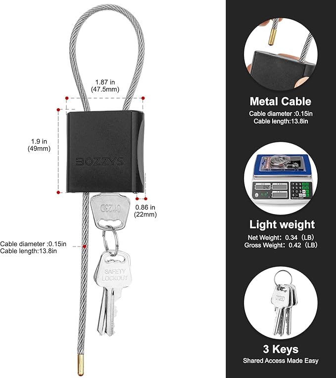 Cable Padlock with 3 Keys | L 1.15ft(0.35m),D 1/6in(4mm) Adjustable Steel Cable Lock | Aluminum Locks for Bikes, Gate, Lockers & Outdoor Gear | Weatherproof & Black