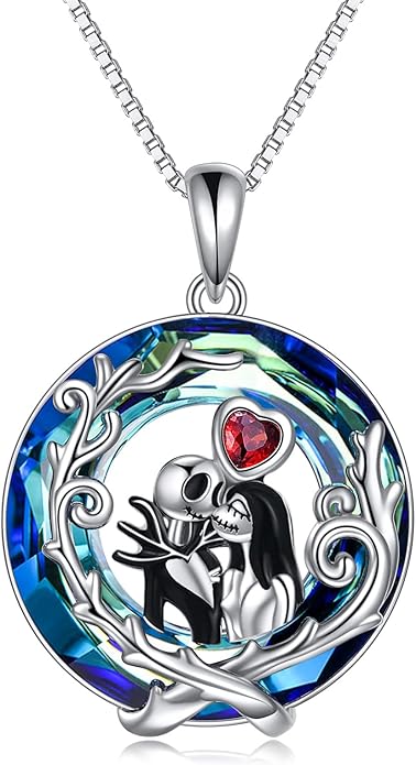 LILALO Nightmare Necklace Sterling Silver Abalone Shell Crystal Jack and Sally Necklace Jack Skellington Skull Jewelry Skull Necklaces for Women
