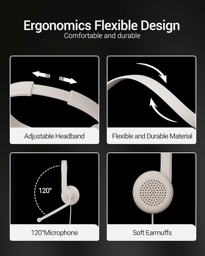 USB Headset with Microphone for PC - Wired Computer Headphones with Noise Cancelling Microphone for Home Office Online Class Skype Zoom Meetings