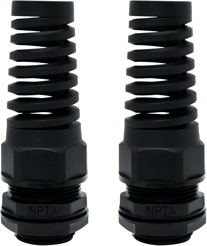 LeMotech 2Pcs NPT 3/4" IP68 Waterproof Cable Gland Flex Spiral Strain Relief Black Nylon Joint with Gaskets for 13-18mm Wire Thread