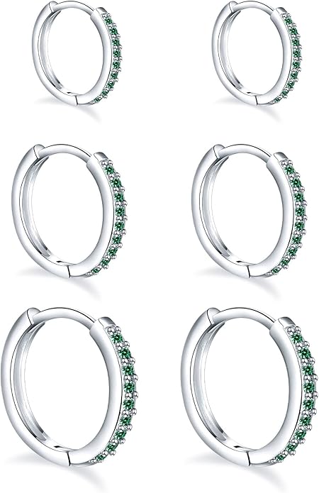 925 Sterling Silver Small Hoop Earrings Cubic Zirconia Huggie Hoop Earrings, 3 Pairs 14K White Gold Plated Cartilage Piercing Earrings Ear Cuff Tiny Hoop Earrings for Women Men