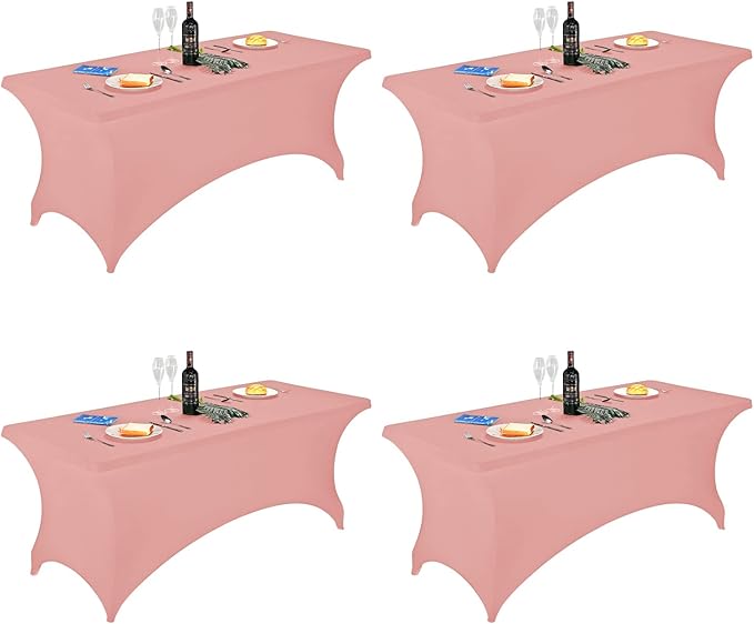 FORLIFE Spandex Table Covers - 4 Pack Fitted Tablecloths, Stretch Patio Covers, Universal for 6ft Rectangular Tables, Wedding, Banquet, Party (Dusty Rose)