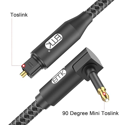 EMK Premium 90° Right-Angle Mini Toslink Cable (5Ft/1.5M) - 3.5mm Optical Digital Audio Cable for Sound Bars, TVs & Home Theater - SPDIF/Toslink Compatible, Black