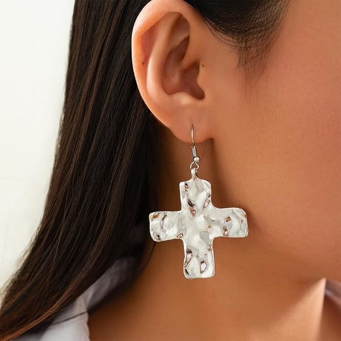 Chunky Gold Big Hammered Cross Drop Dangle Earrings for Women Trendy, Bold Thick Large Silver Cross Hook Earrings Dainty Vintage Faith Chain Jewelry