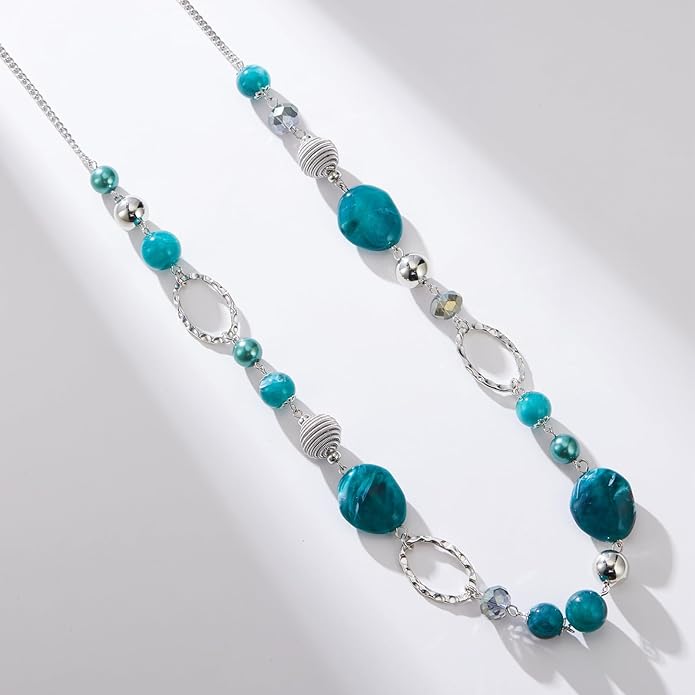 BULINLIN Beaded Long Necklace for Women Silver Sweater Chain Necklace with Crystal Resin Beads, Fashion Jewelry Necklace