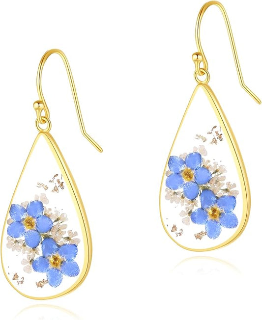 Forget-Me-Not and Queen Anne's Lace Pressed Wildflower Earrings | Pressed Flower Earrings | Handmade Drop and Dangle Earrings | Gift for Woman