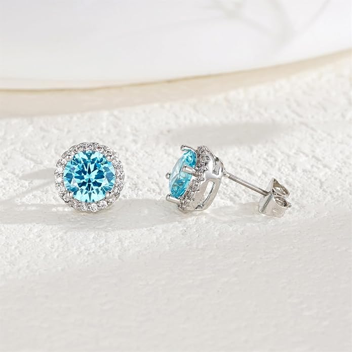 YOMELA Cubic Zirconia Earrings Studs, Halo CZ Birthstone Simulated Diamond Stud Earrings for Women