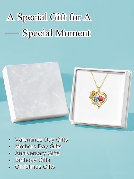 Sunflower Heart Necklace for Women 14K Gold Exquisite Valentines Day Anniversary Birthday Gifts for Wife Mother Her Double Birthstone Pendant Jewelry‘You Are My Sunshine’