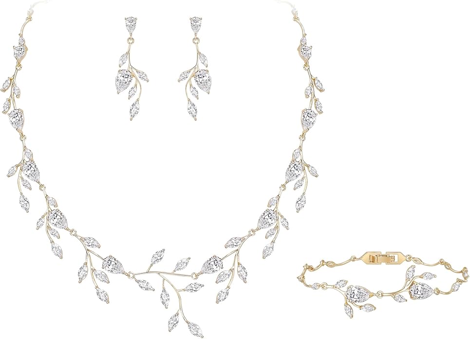 EVER FAITH Wedding Jewelry for Bride Women Bridesmaid, Sparkly Cubic Zirconia Pear-Shaped Birthstone Leaf Necklace Earrings Set for Prom