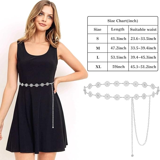 Small Flower Metal Belt Chain - Adjustable Waist Chain for Women's Dresses